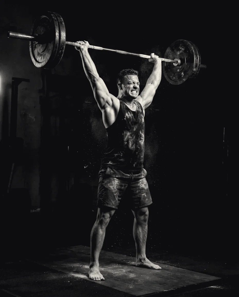 Athlete lifting a barbell overhead in a gritty training gym