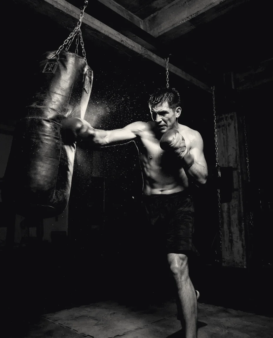 Boxer throwing a hard combination on a heavy bag